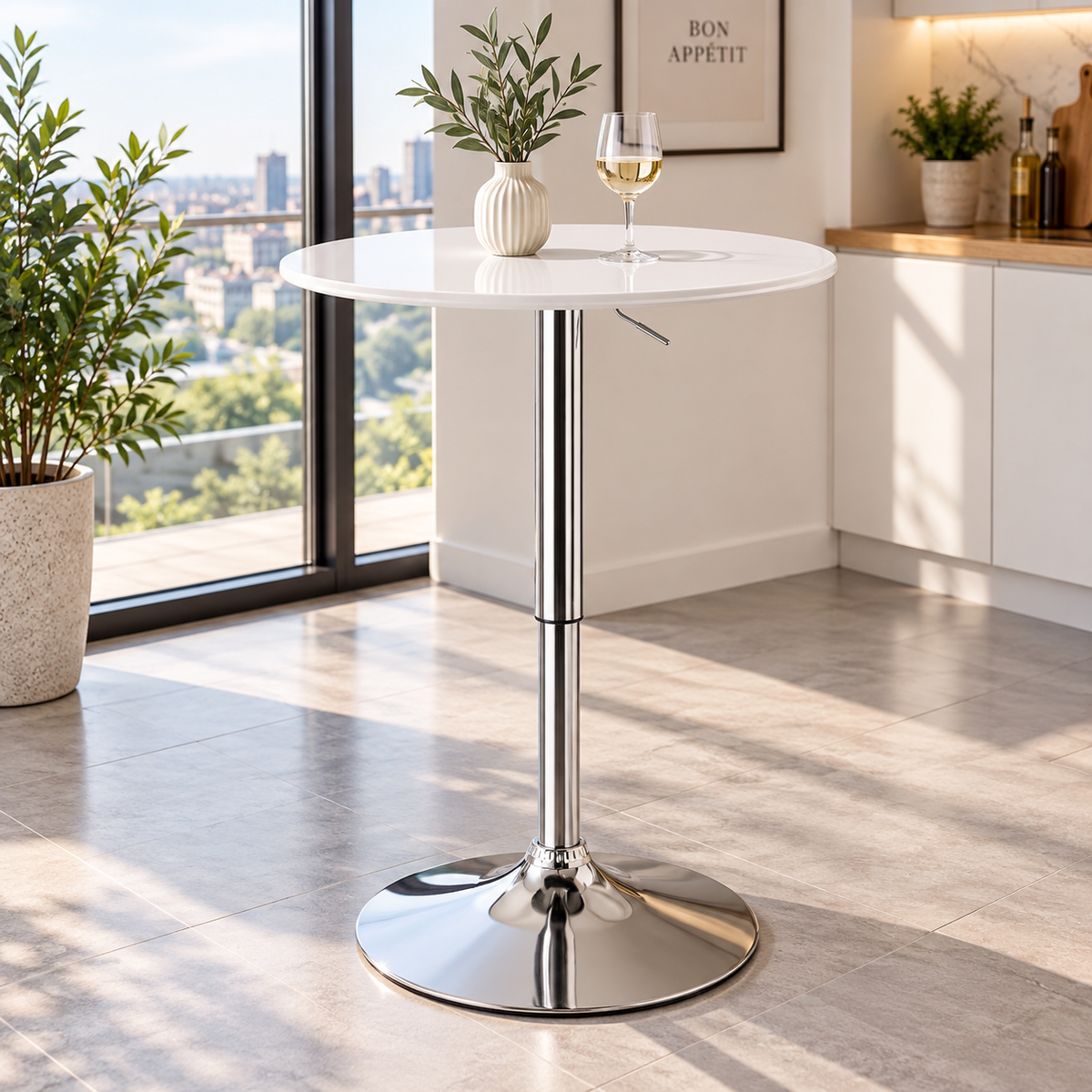 Table de bar ronde pivotante, hauteur réglable 67-93 cm, blanc