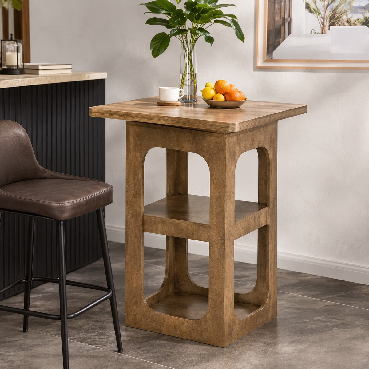 Table de bar carrée avec étagères de rangement 3 niveaux, bois
