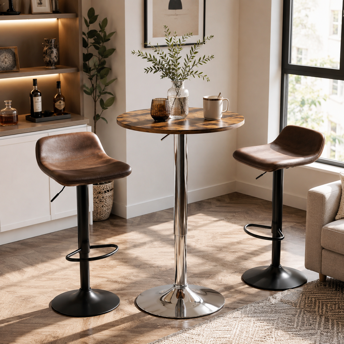 Table de bar bistro ronde, hauteur réglable 67-93 cm, pivotante, marron