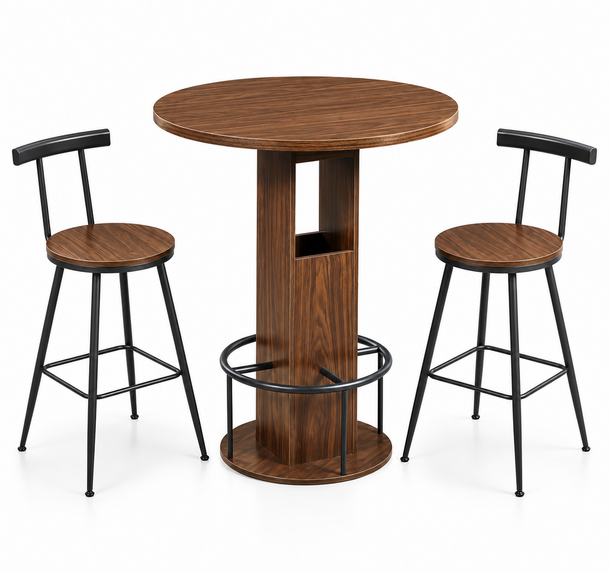 Ensemble table de bar ronde 80 cm et 2 tabourets, repose-pieds métallique, noir/noyer