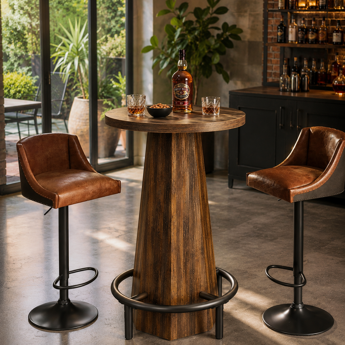 Table de bar ronde avec repose-pieds en métal, marron