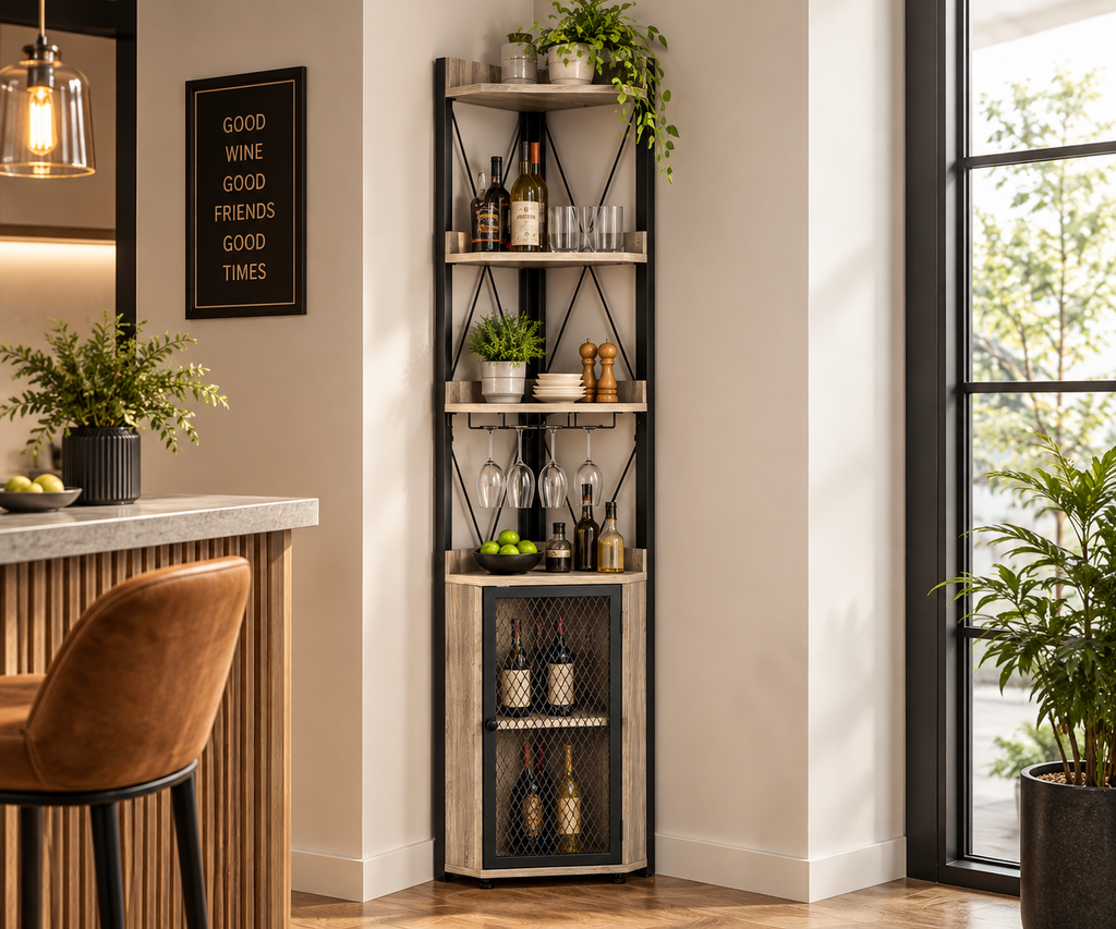 Meuble bar d'angle 178 cm avec porte-bouteilles, support à verres et porte grillagée
