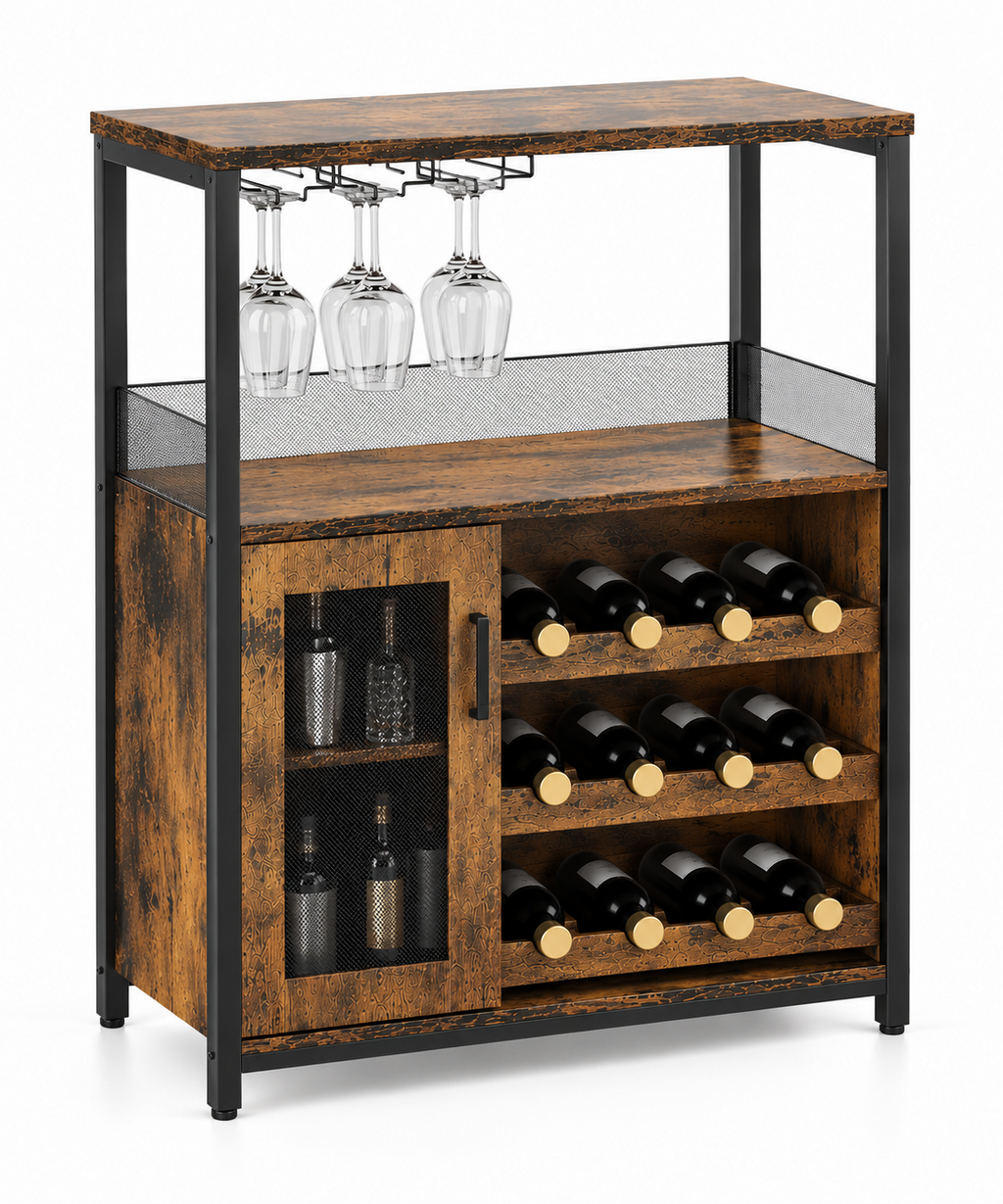 Meuble bar 3 niveaux avec porte-bouteilles amovible et porte grillagée, brun rustique