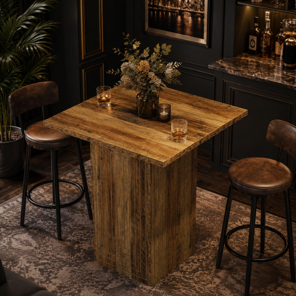 Table de bar carrée en bois, motif géométrique, brun rustique