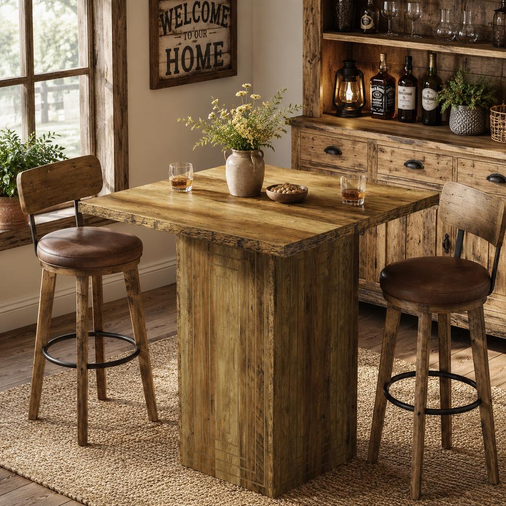 Table de bar carrée en bois, motif géométrique, brun rustique