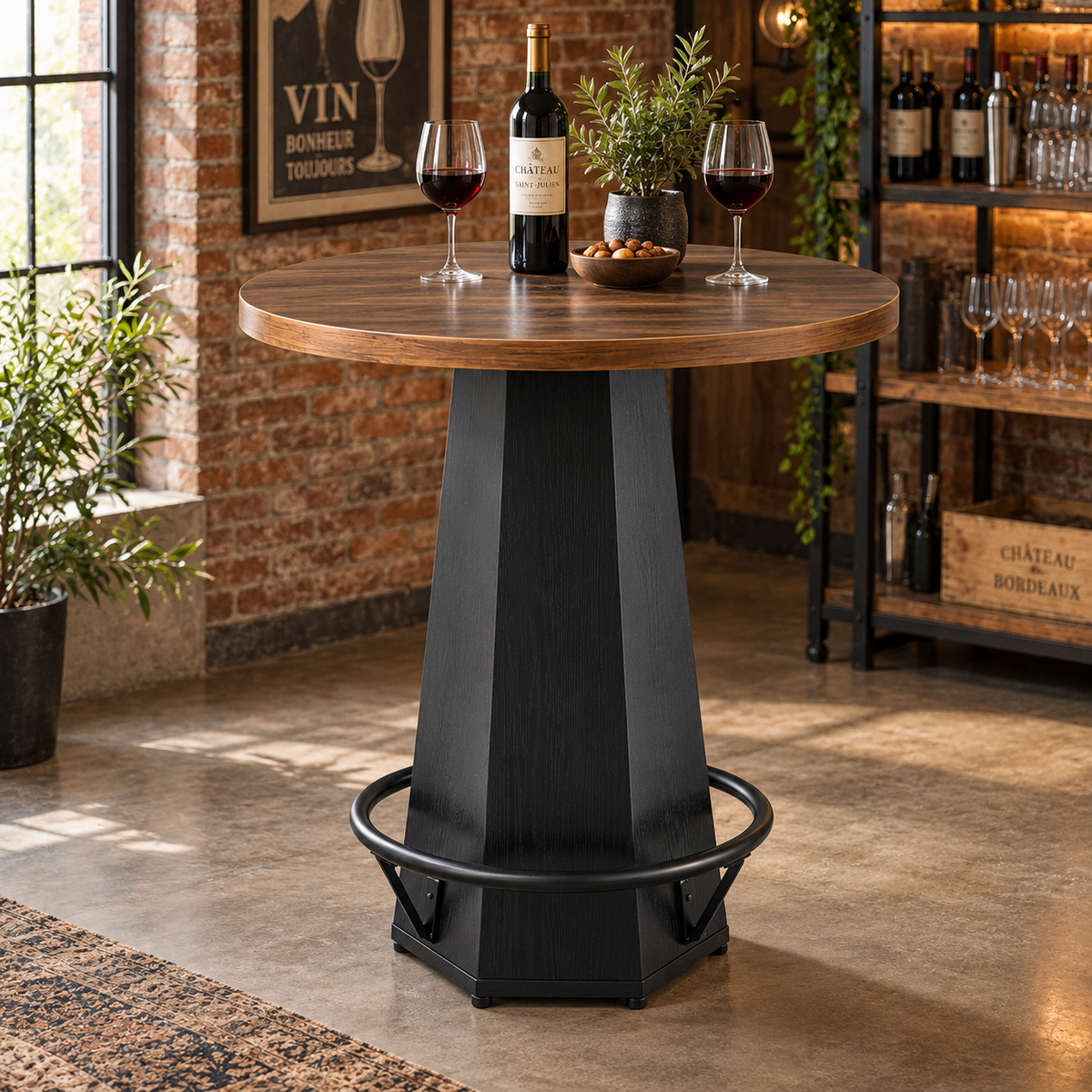 Table de bar ronde 100 cm, plateau bois avec repose-pieds métal, style rétro