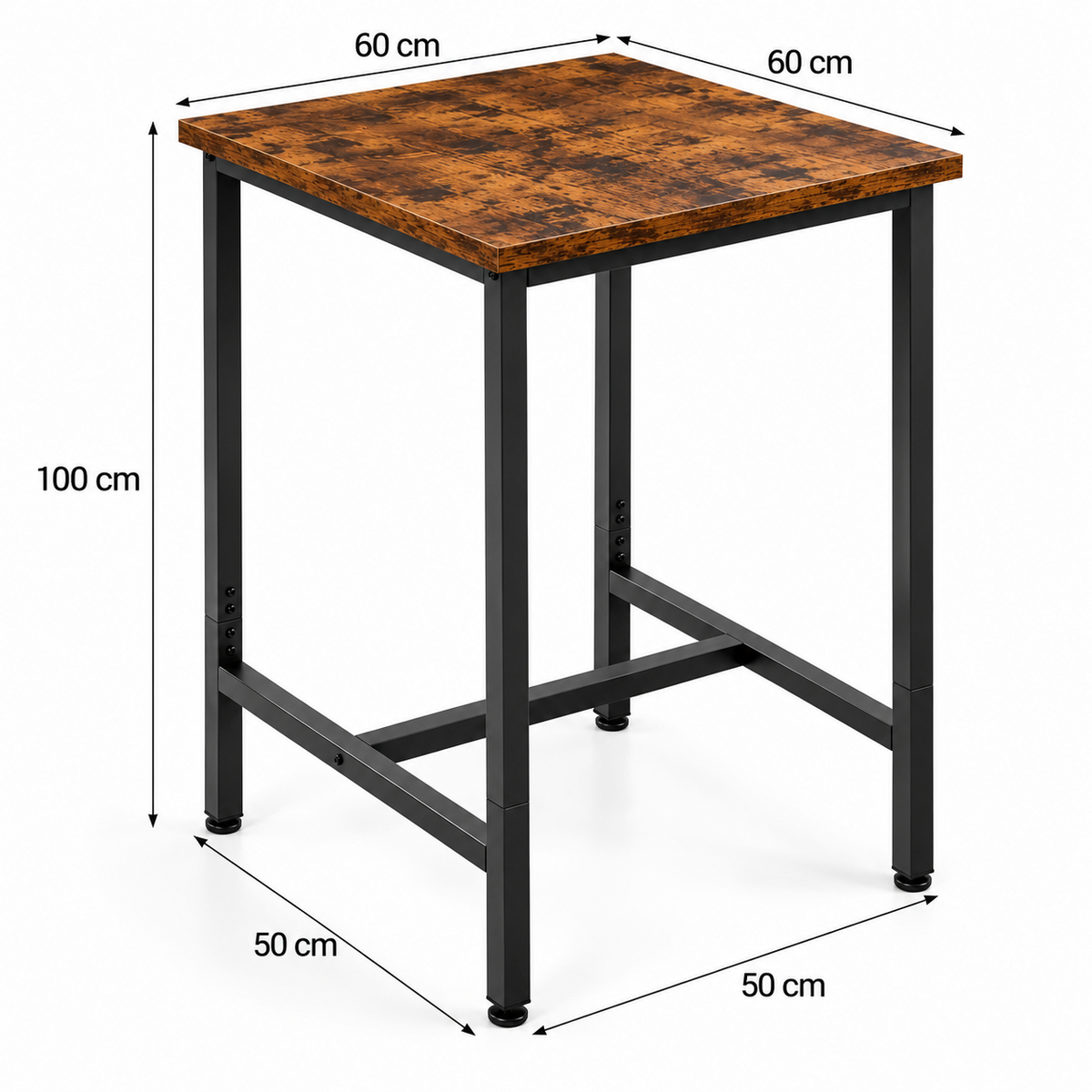 Table de bar carrée 60x60 cm, hauteur 100 cm, plateau bois et métal